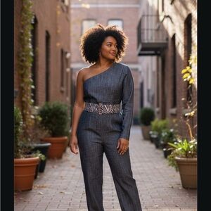 Ashley Stewart One-Shoulder Charcoal Jumpsuit